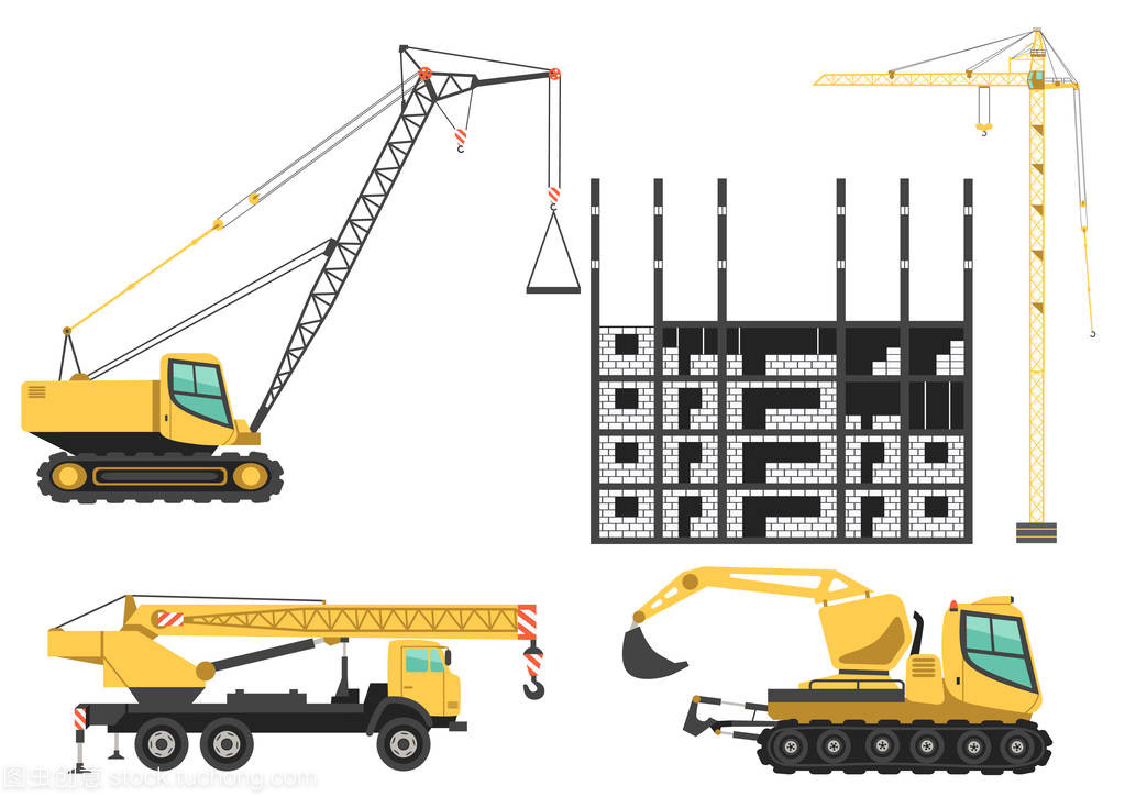 建筑起重機(jī)和工程施工現(xiàn)場的機(jī)械。顏色矢量圖標(biāo)集
